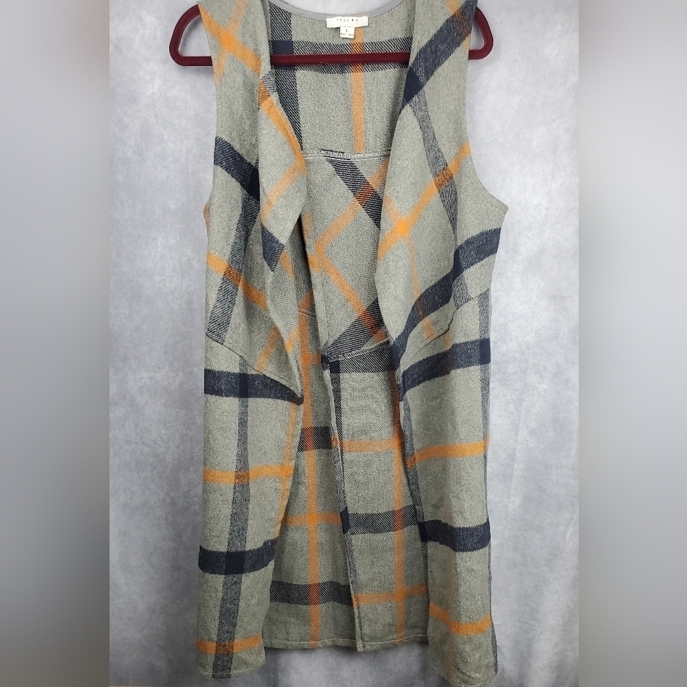 Favlux Long Vest Women’s Plaid Gray Orange Navy Size L